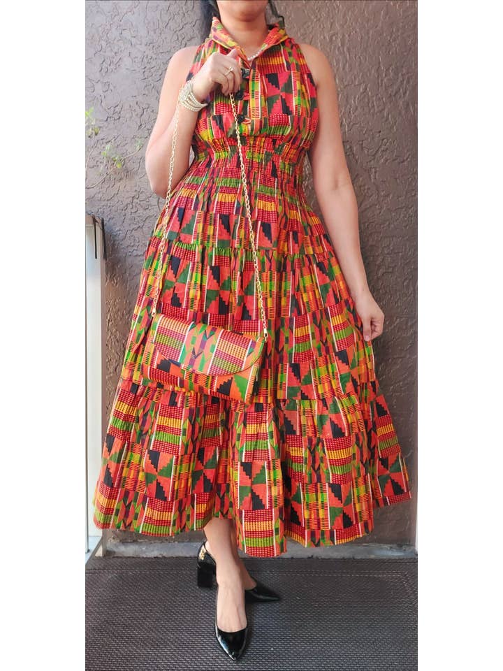 India Batik - Wholesale Dress - Women's - 3028L Smocked Dress/Head Scarf - Orange Kente
