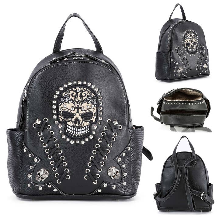 Skull Punk Design Faux Leather Backpack Bag for wholesale by SP Sophia Collection