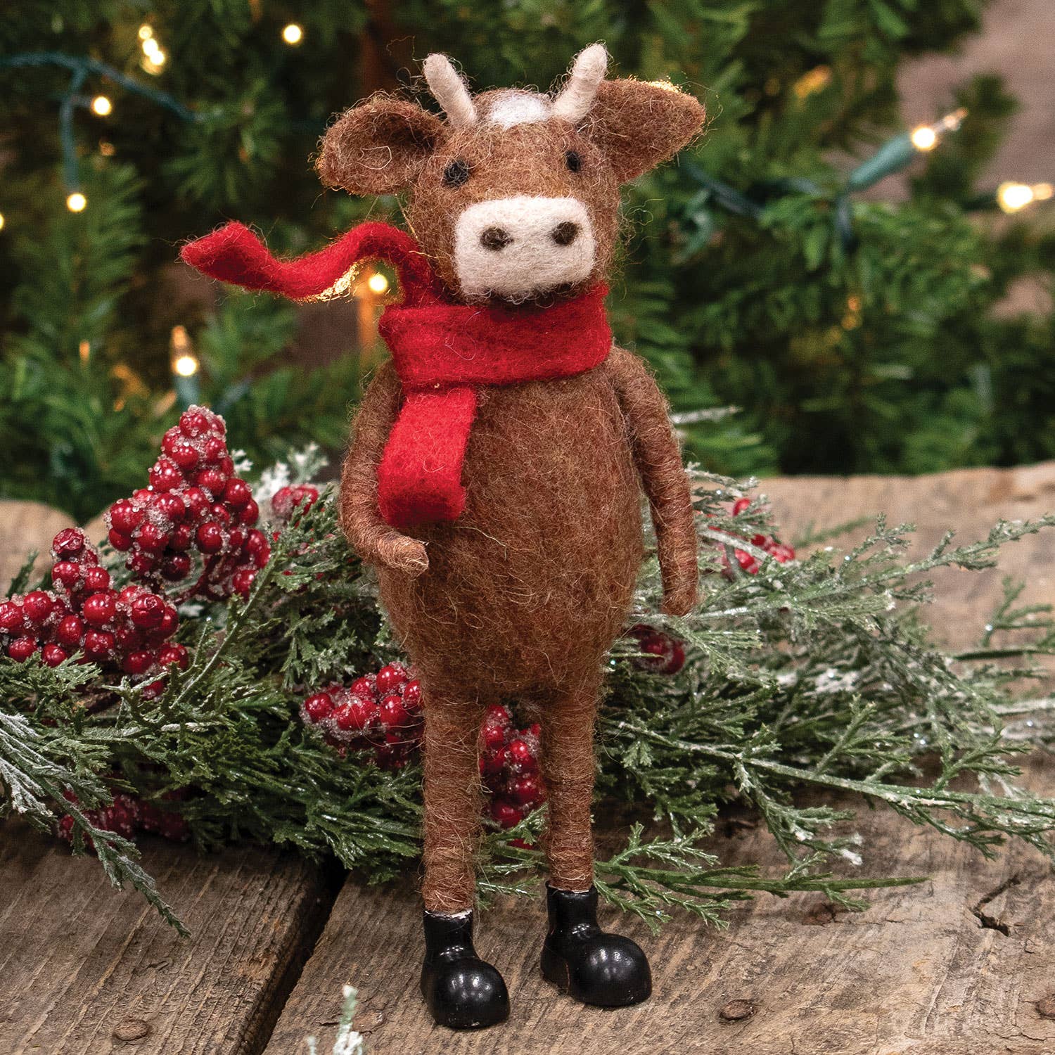 Bright Ideas - Wholesale Ornament - Cow in Red Scarf Felted Ornament1