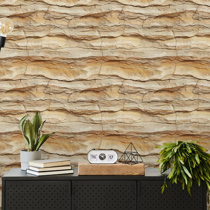 Papier peint autocollant en pierre beige, fresque texturée amovible pour la vente par SimurgWallArts