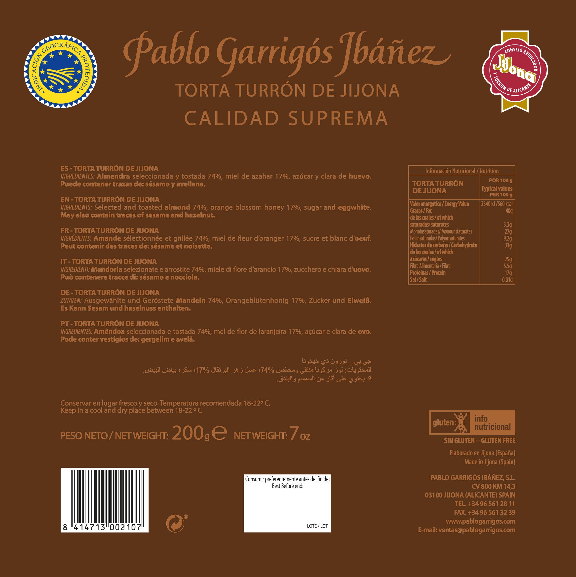 PABLO GARRIGÓS IBÁÑEZ - Wholesale Nougat - Jijona Nougat Cake Delicatessen 200 g.2