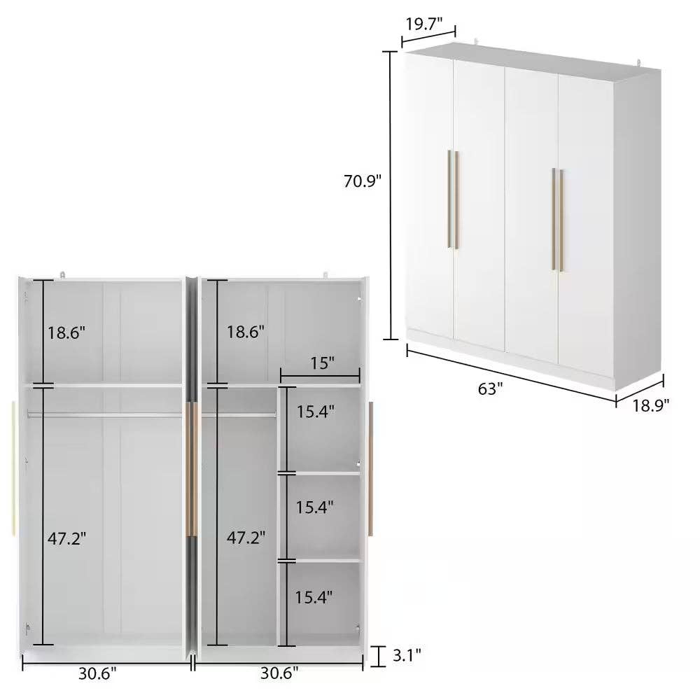 ShipItFurniture - Wholesale Bedroom Furniture - 1-Piece White Wood Armoires, Hanging Rod, Storage Shelves (70.9 In. H X 63 In. W X 19.7 In. D) Bedroom Set with 4-Door7