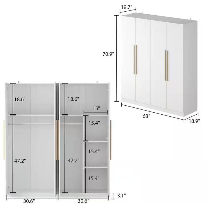 ShipItFurniture - Wholesale Bedroom Furniture - 1-Piece White Wood Armoires, Hanging Rod, Storage Shelves (70.9 In. H X 63 In. W X 19.7 In. D) Bedroom Set with 4-Door7