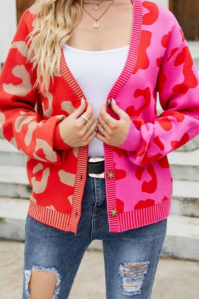 UNISHE - Wholesale Cardigan - Women's - V Neck Button Leopard Colorblock Cardigan MD0077