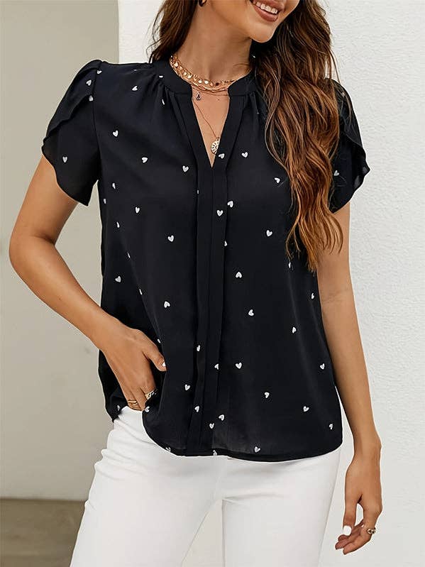 BLACK Loose Short Sleeves Pleated Polka-Dot V-Neck Blouses&Shirts Tops for wholesale on Faire0