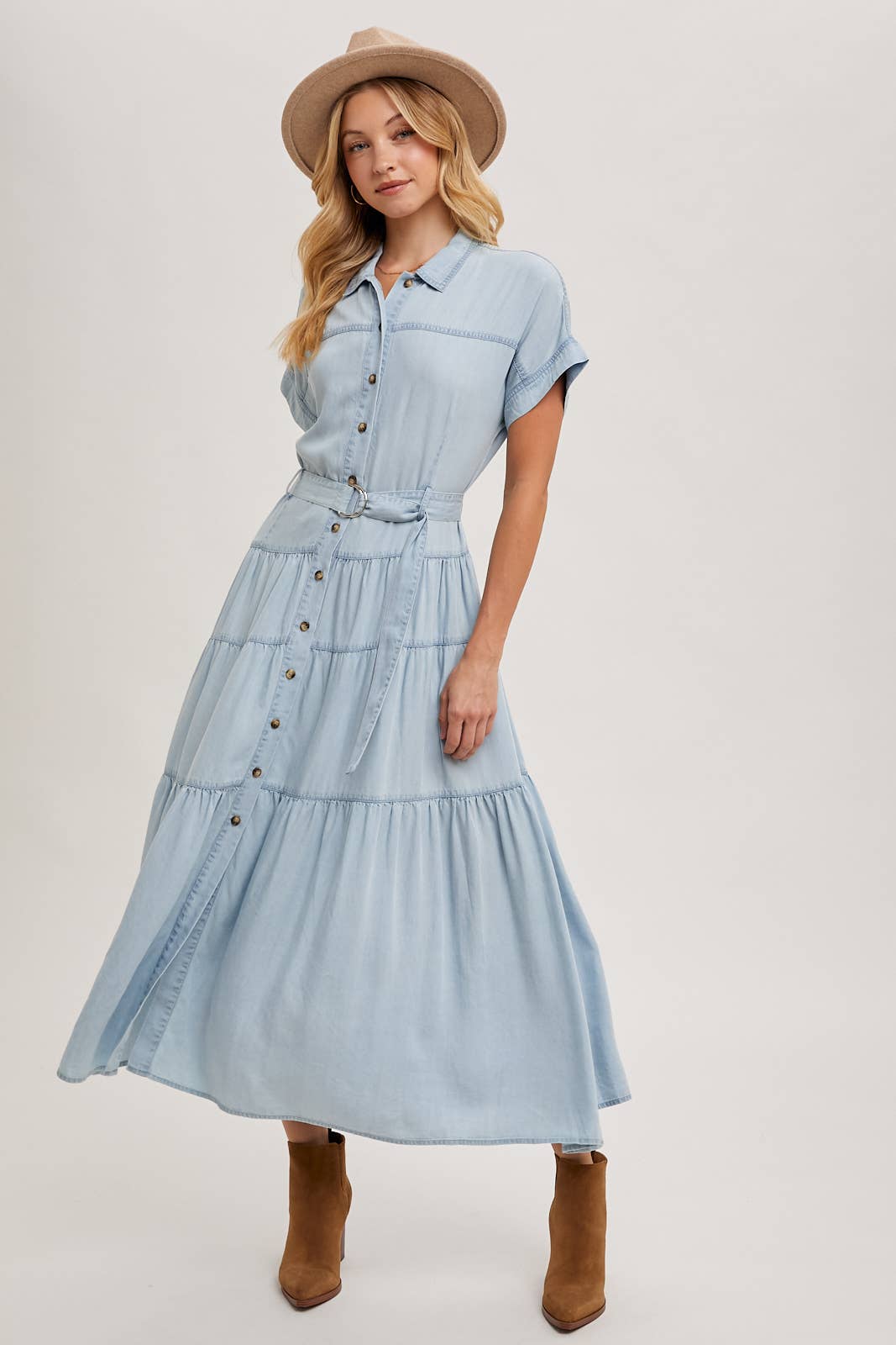 Bluivy - Wholesale Dress - Women's - BUTTON FRONT SHORT SLEEVED TIERED MAXI DENIM DRESS16
