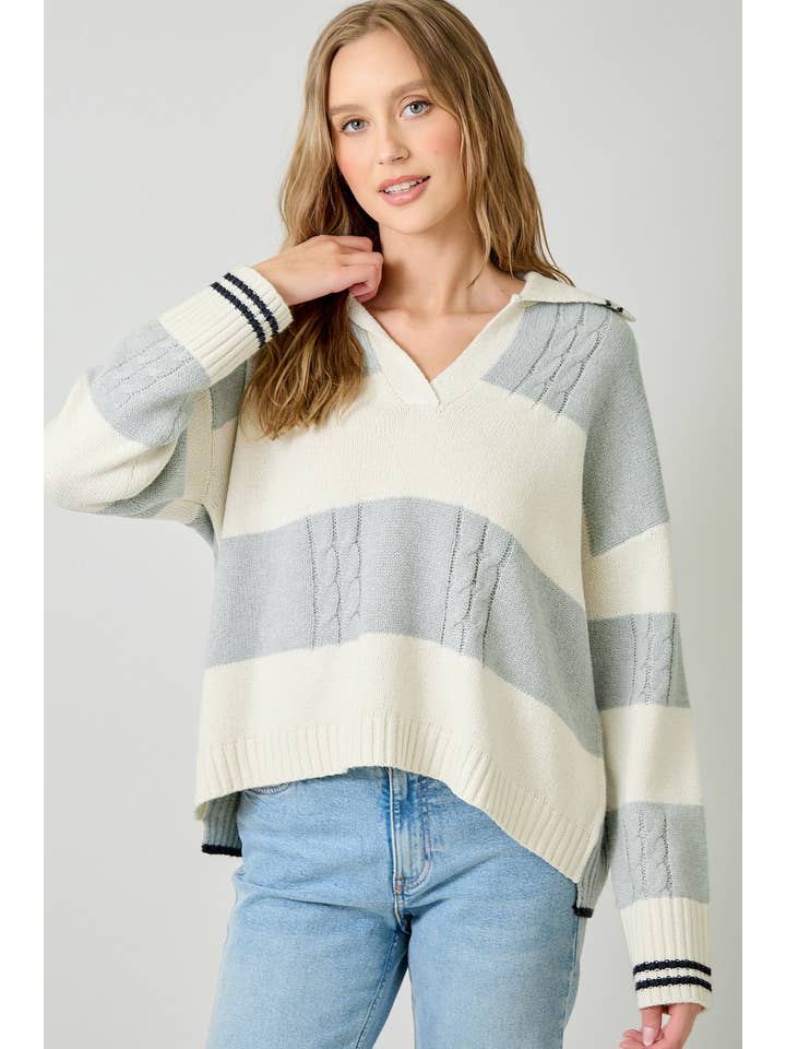 Mystree - Wholesale Knit Sweater - Women's - 60899 V-Neck Multistripe Sweater1