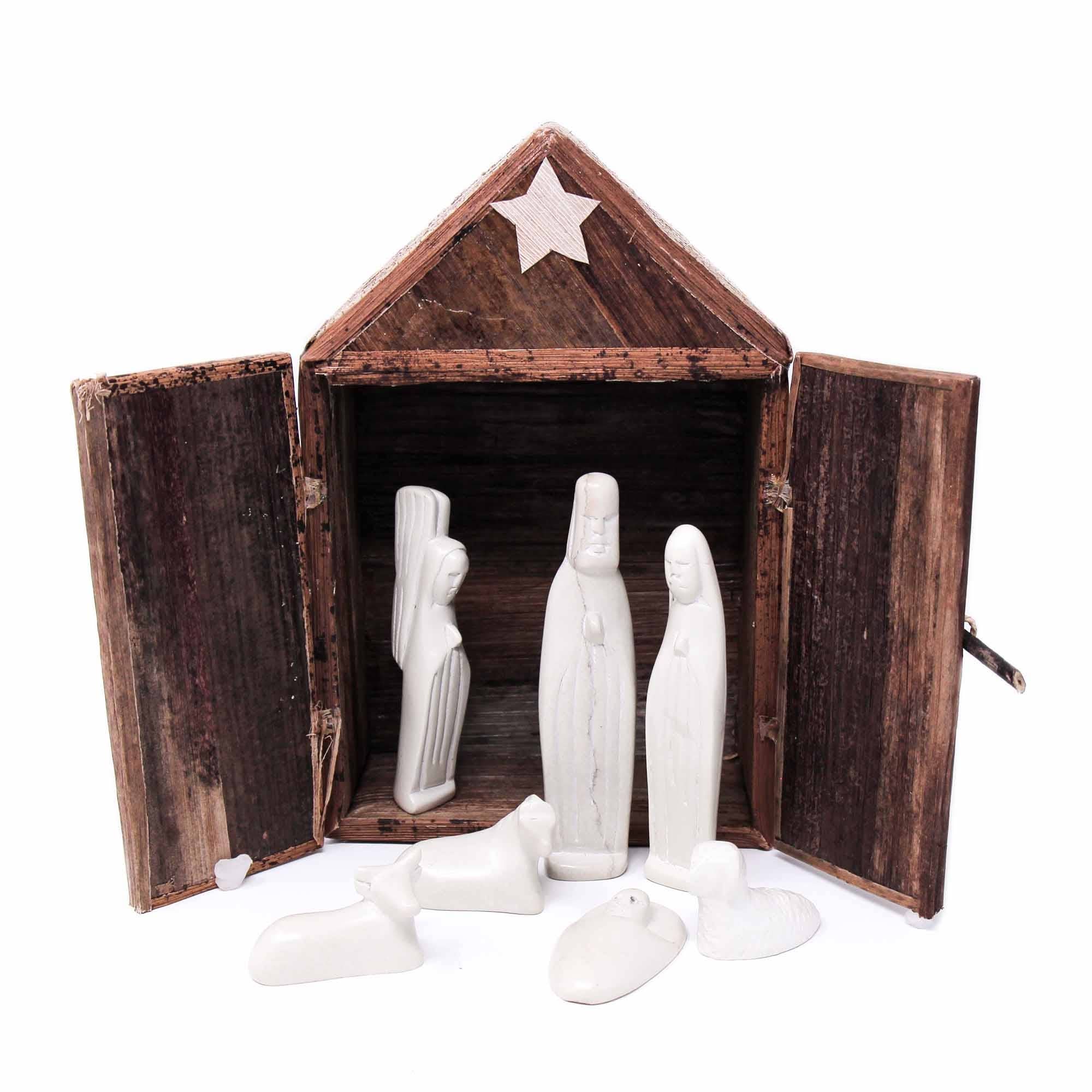 Global Crafts - Wholesale Nativity Scene Decor - Kenya Soapstone Nativity Set and Banana Fiber Barn, 132
