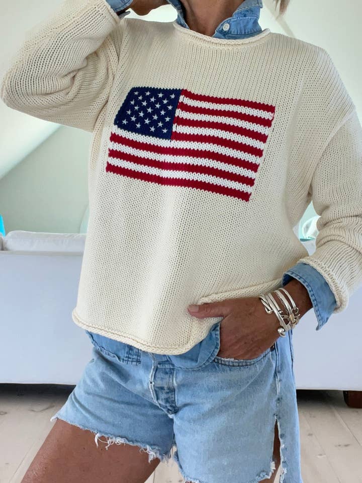 Pink Pineapple - Vente Pull en maille – femme - Pull à col roulé Chloe Flag en crème2