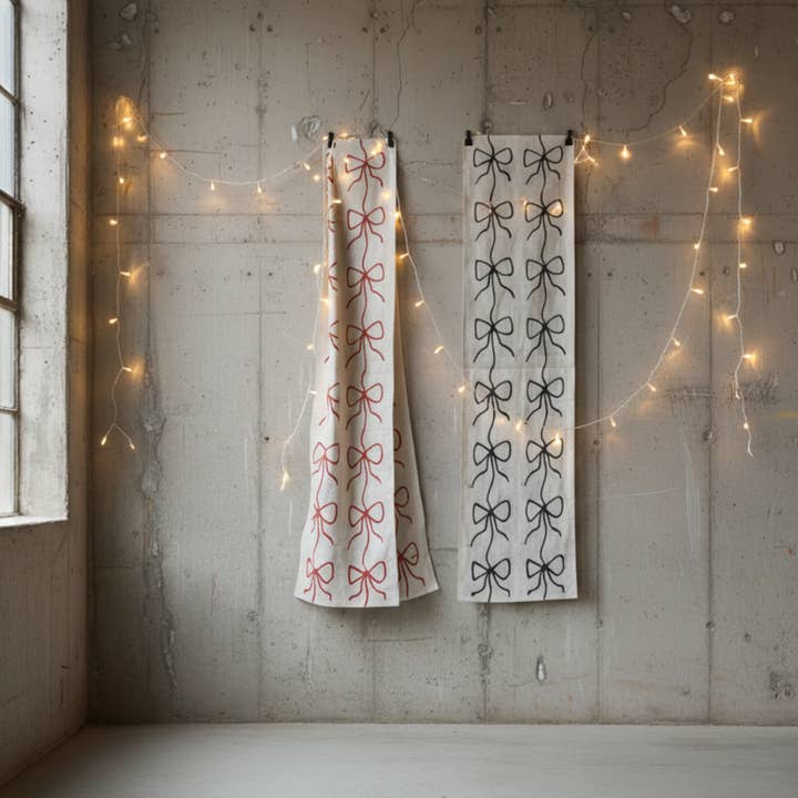 Hand-Painted Bow print sustainable Linen Table Runner for wholesale by thestudioUP