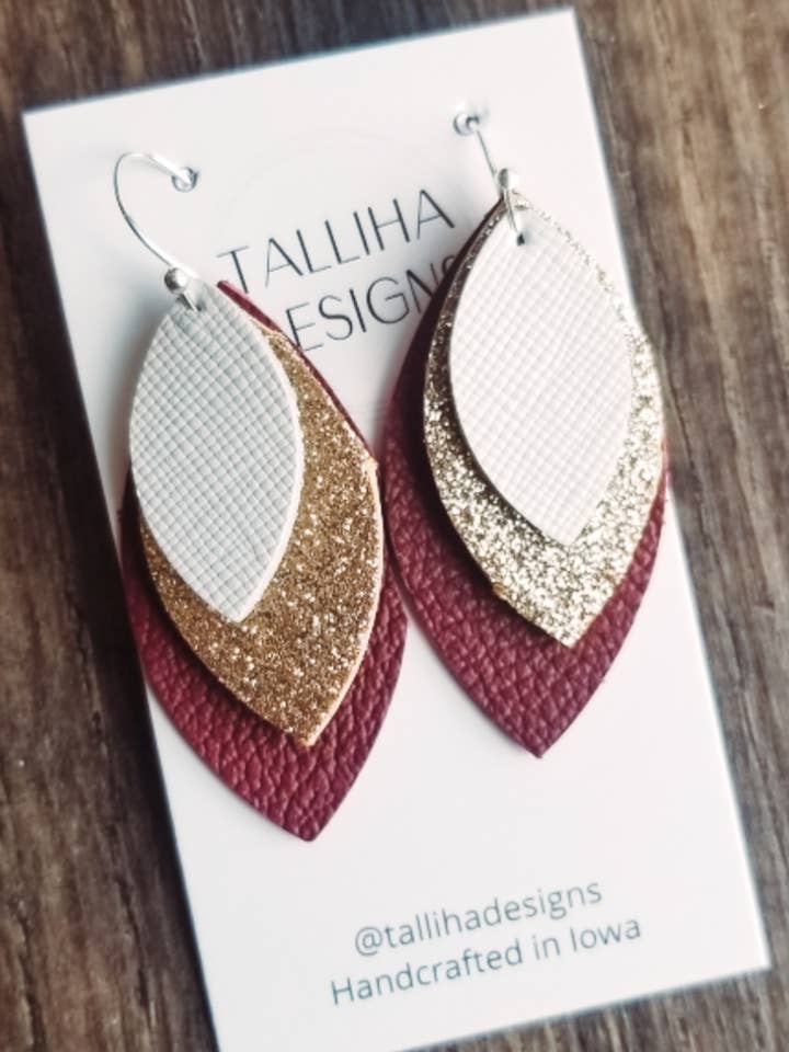 Dark Red Gold & White Genuine Leather Team Spirit Earrings for wholesale by Talliha Designs