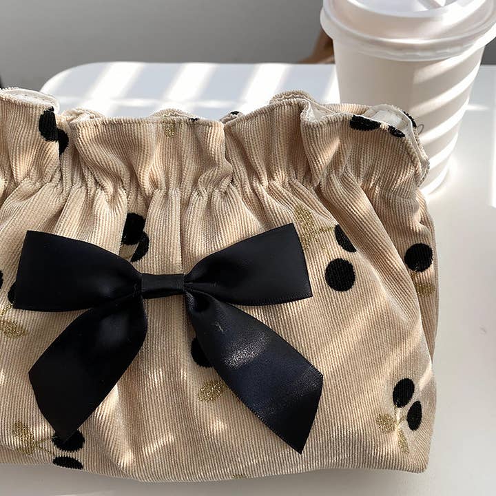 Dipped Shop - Wholesale Makeup/Cosmetic Bag - Corduroy Cherry Bow Cosmetic Bag DPCB43