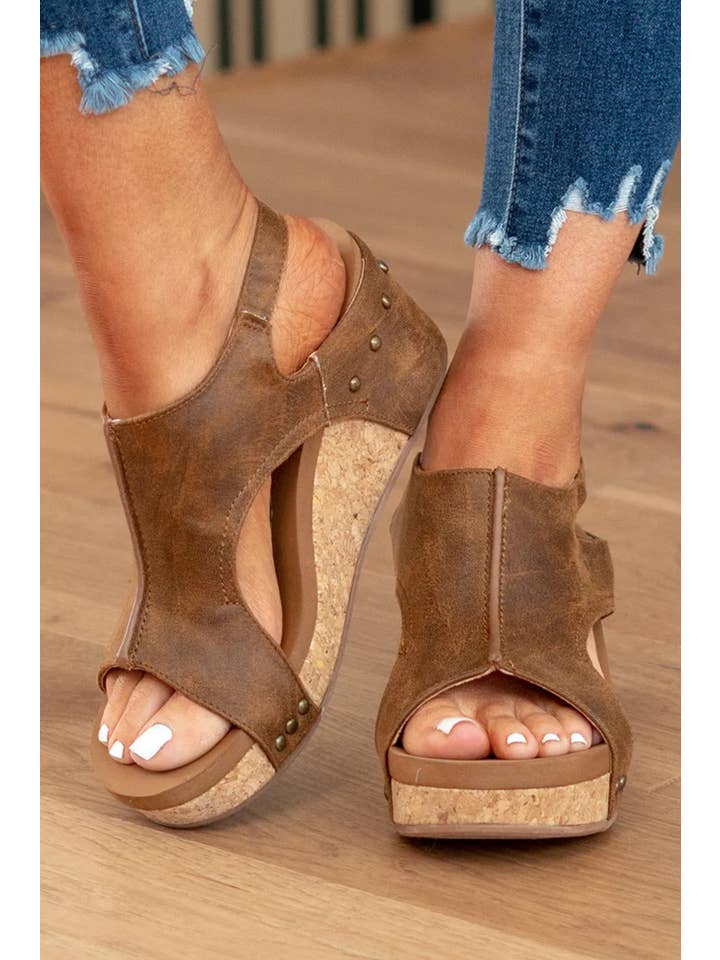 Little Daisy Closet - Wholesale Wedges - Women's - LDC Vintage Leather Stitching Studded Wedge Sandals