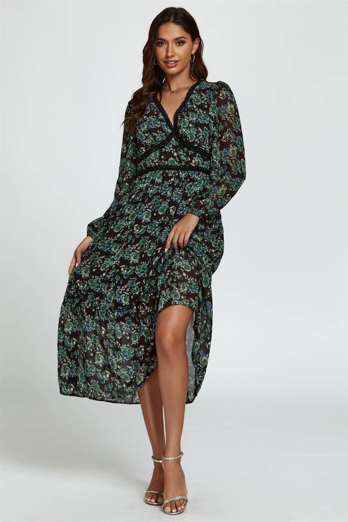 Floral Print Long Sleeve Midi Dress In Brown for wholesale on Faire2