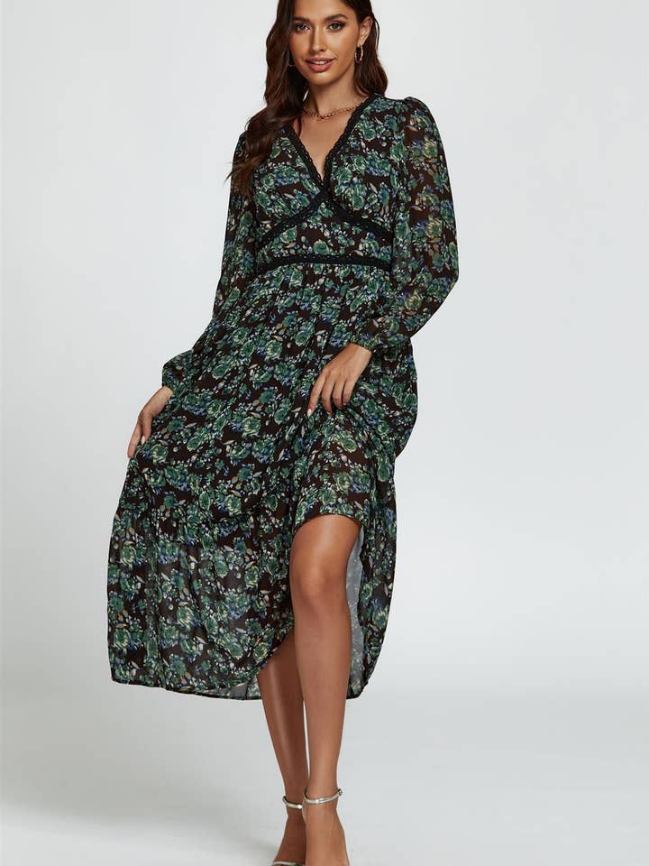 Floral Print Long Sleeve Midi Dress In Brown for wholesale on Faire2