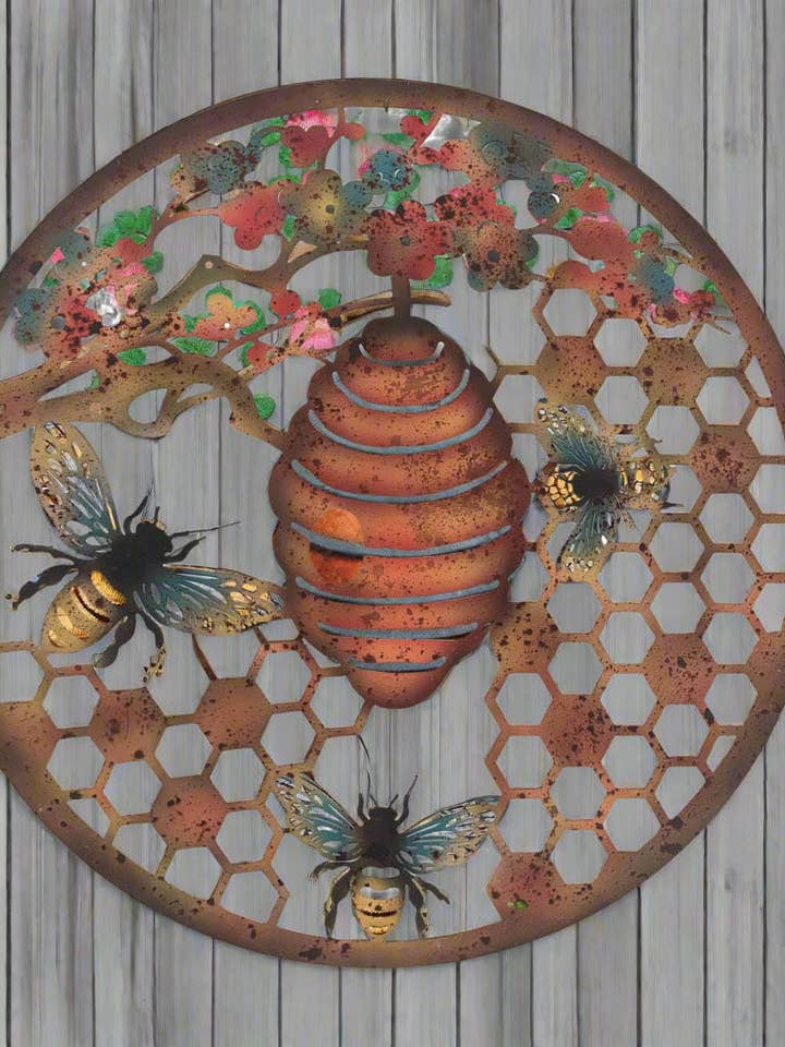 Handmade 40cm Bee and bee hive Wall Plaque, colourful Metal, Garden/indoor Wall Art powder coated steel for wholesale by Marissa's Gifts