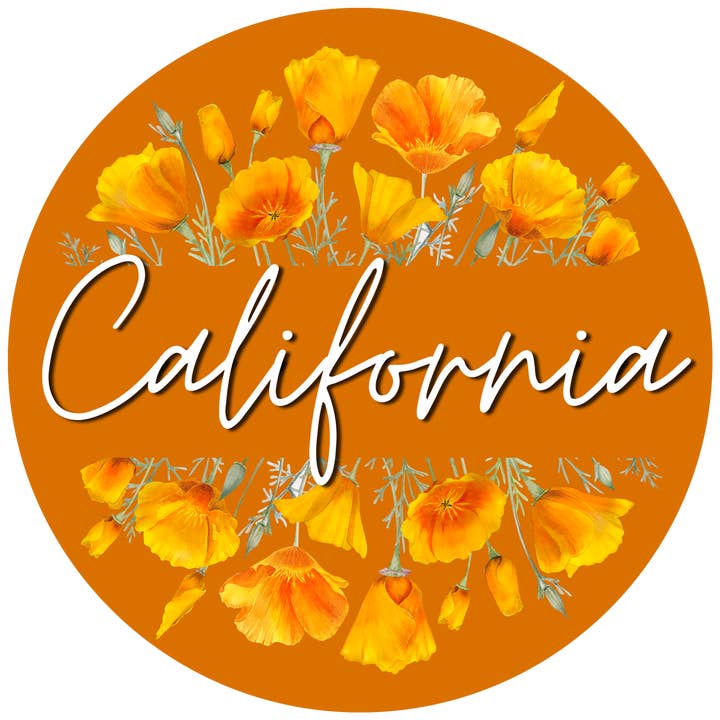 Kalifornien Aufkleber - Rund mit lebendigem Mohnblumendesign für den Großhandel von Wear Us Out