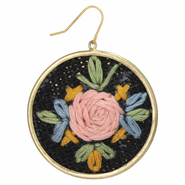 ZAD - Wholesale Dangle Earrings - Black Floral Cross Stitch Gold Earrings