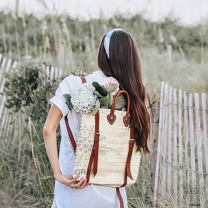 Handwoven Straw Backpack with Handle, Natural Straw Bag. for wholesale by Gran Wholesale