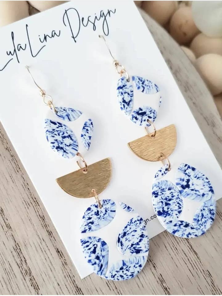 Krystle | Polymer Clay Blue and White Dangle Earrings for wholesale by LulaLina Design