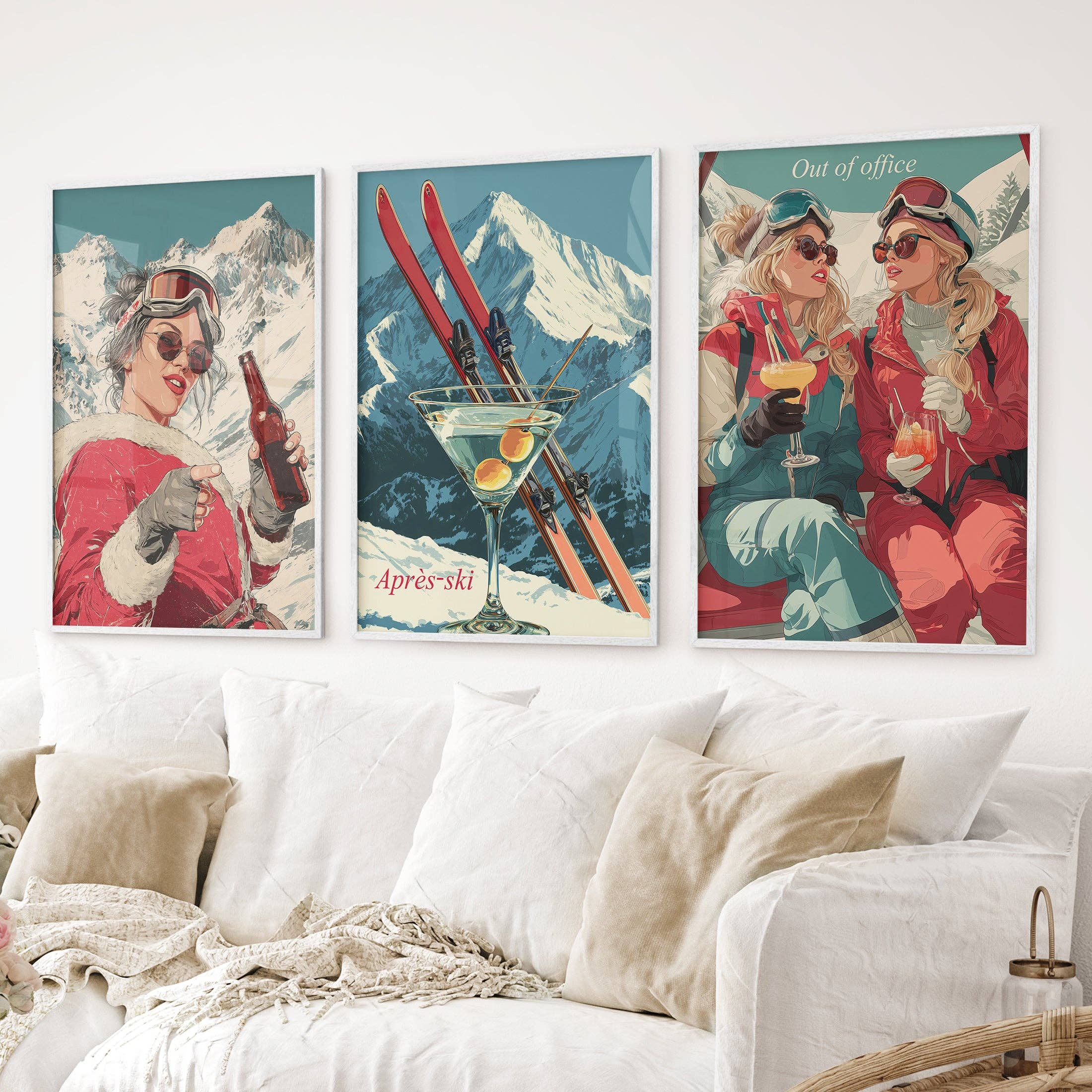 PrintSets.com - Venta al por mayor Conjunto de galería de pared - Escena de Après Ski de Invierno Arte de Pared. Conjunto de 3 Impresiones Alpinas Retro.6