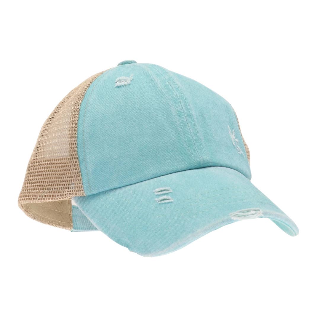 C.C Beanie - Vente Casquette de baseball – enfant - Casquette à visière CC pour enfants avec queue de cheval haute croisée et effet vieilli KIDSBT7805
