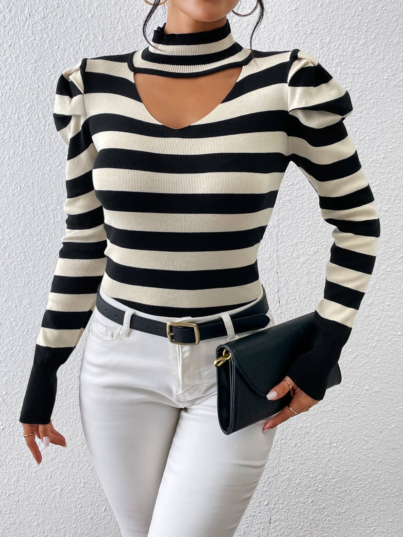 Rosa Clothing - Wholesale Knit Top - Women's - Valentine's Day knitwear cut-out basic stripe pullover top7