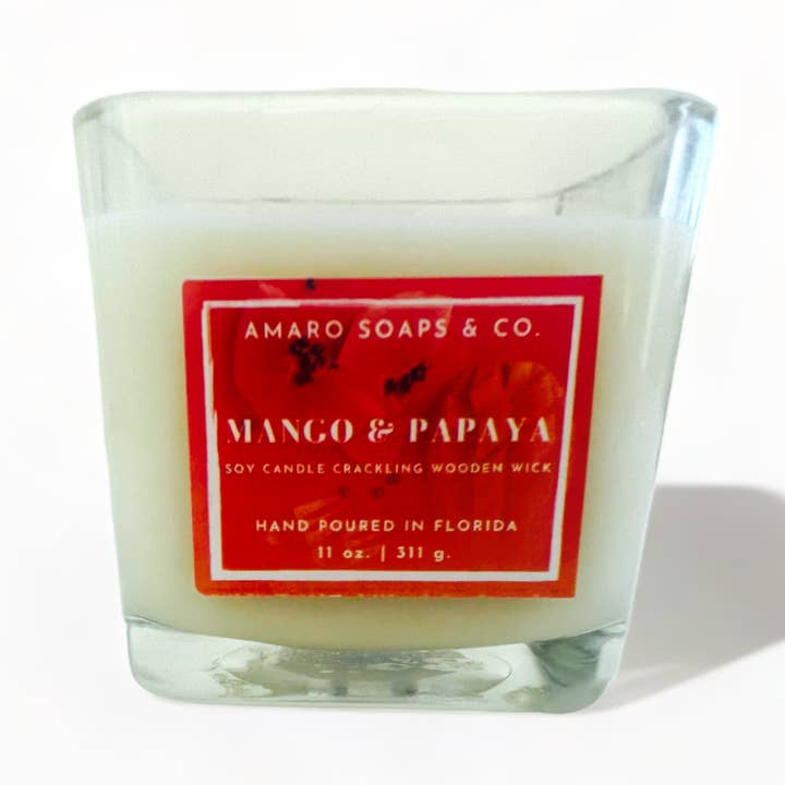 Candela di soia con stoppino in legno di mango e papaya per la vendita all'ingrosso da parte di Amaro Soaps & Co.