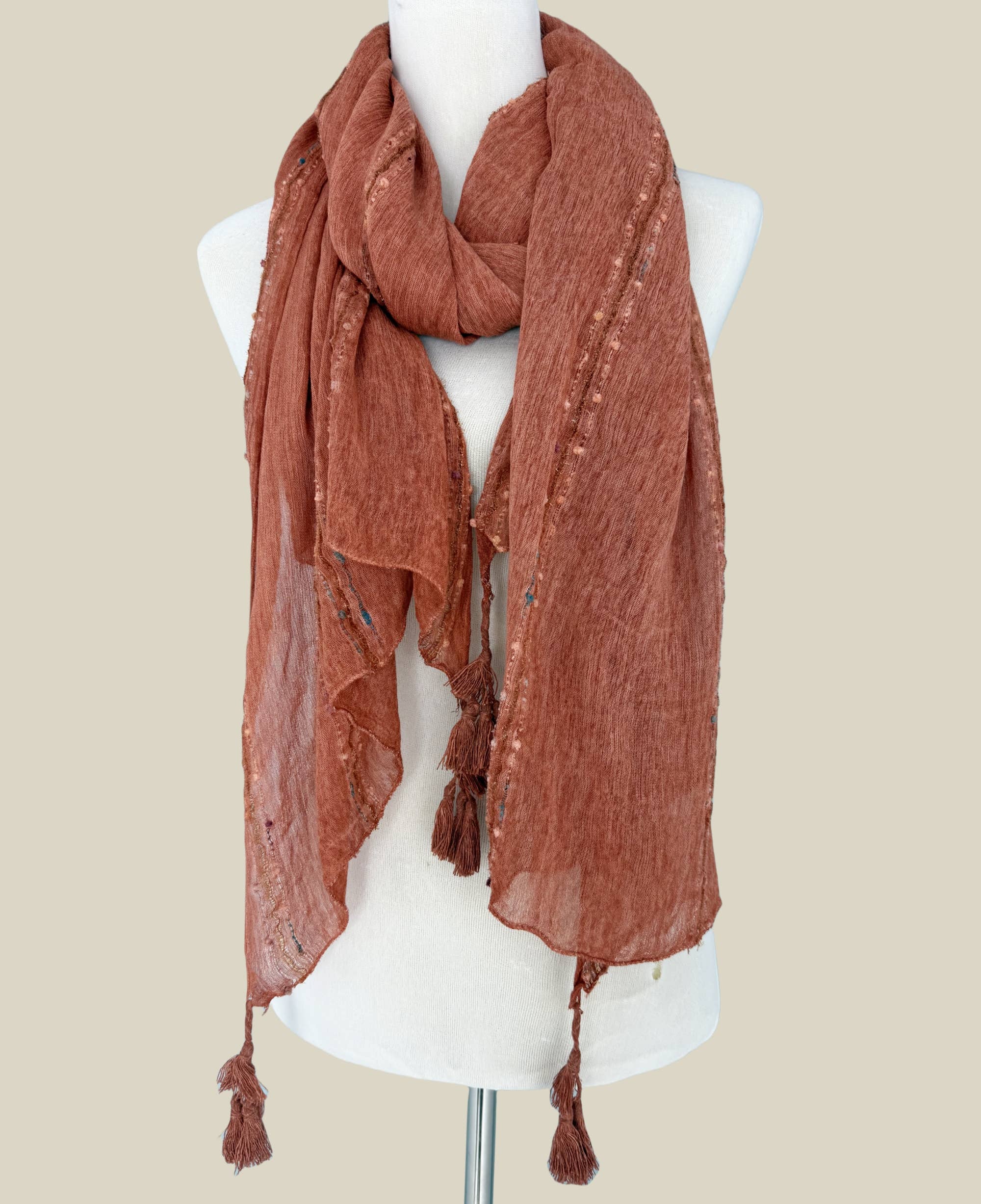 JC Sunny Fashion – wholesale Scarf – Women's – JC023516 Classic Ethnic Solid Tassels Scarf with Embroidered Stripes1