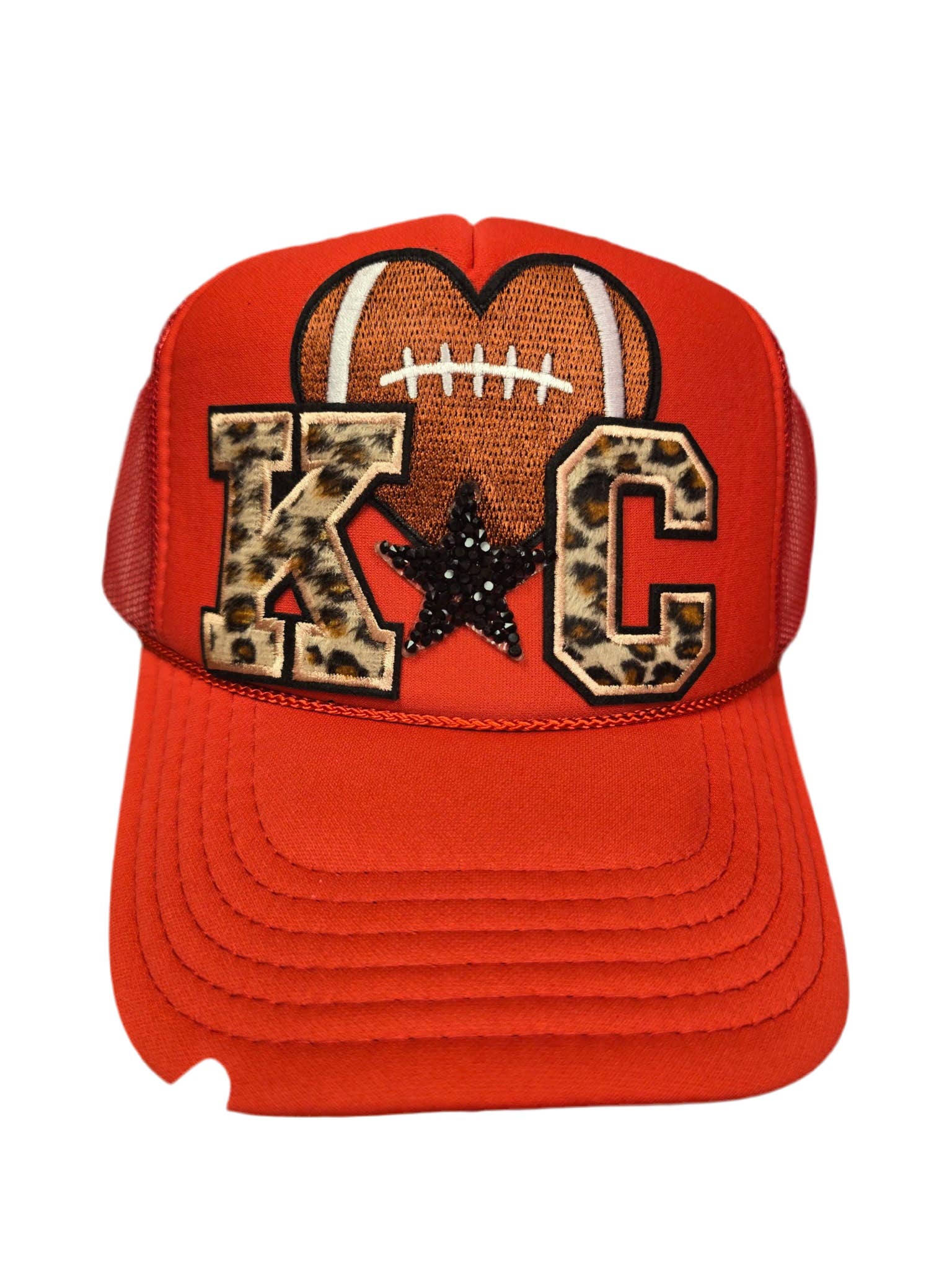 Heart Football Leopard KC Chiefs Trucker Hat for wholesale by Patchwrx Customs Hat Bar