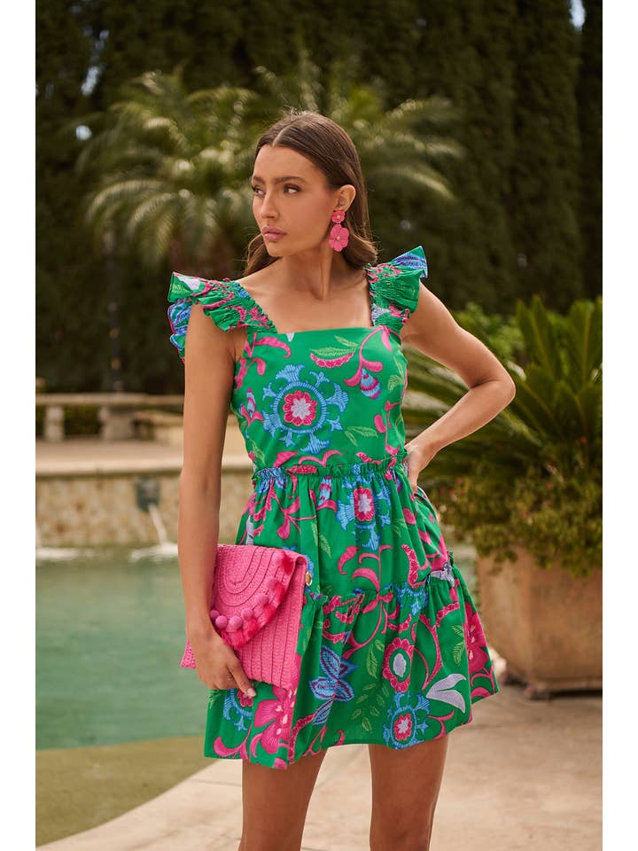 BLUE PINK MULTI Cabina Floral Ruffle Tiered Mini Dress for wholesale on Faire