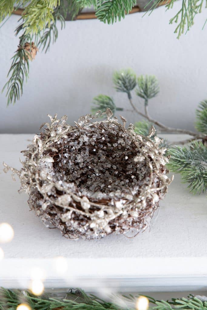 A&B Home Group Inc. - Wholesale Ornament - D6" IJzige Blad/Tak Vogelnest - Zilver0