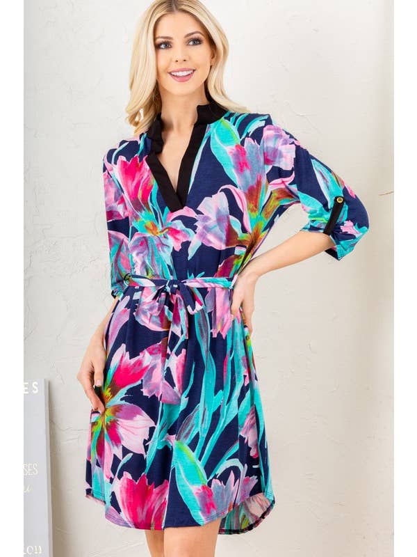 MARINBLÅ ED6111-11 MANDARIN KRAGE FLERFÄRGAD BLOMMIG KLÄNNING för wholesale på Faire4