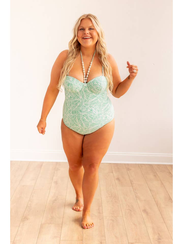Green Jungle Oasis One Piece Swimsuit with Handcrafted Beaded Necktie for wholesale on Faire