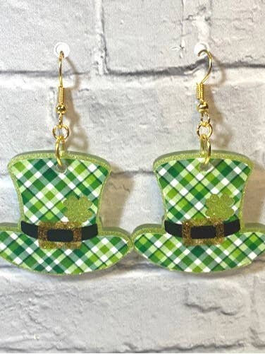 Leprechaun Hat, Irish Gifts, Saint Patricks Day Earrings, Green Dangles, Green Plaid Earrings, Irish Teacher Earrings for wholesale by Chasin’ Self Care