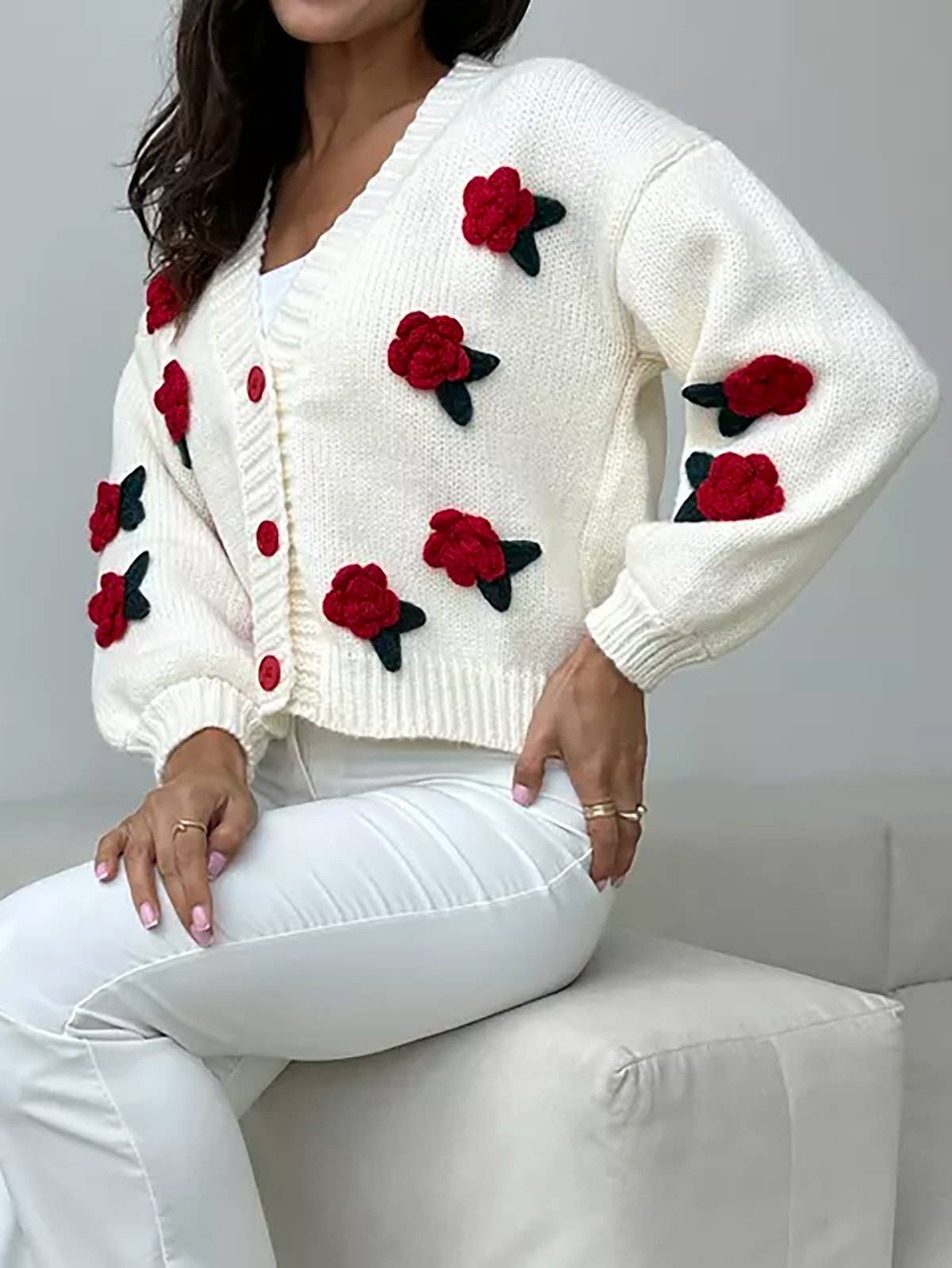 Rosa Clothing - Vente Cardigan – femme - joli cardigan en tricot à fleurs 3D avec petite boule de rose8