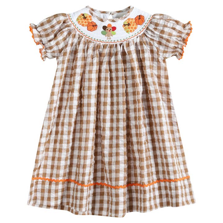Lil Cactus - Wholesale Dress - Kids - Light Brown Gingham Pumpkin Turkey Smocked Bishop Dress