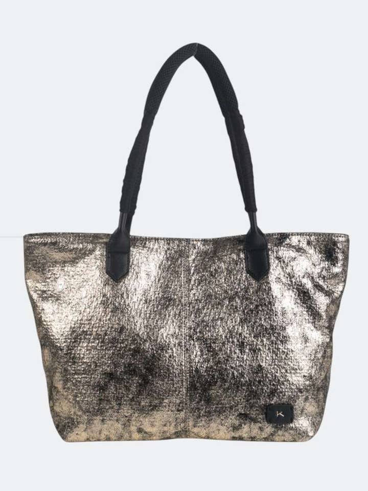 METALLIC PU SHOPPING BAG, WITH ZIPPER, GOLD COLOR for wholesale by Kbas