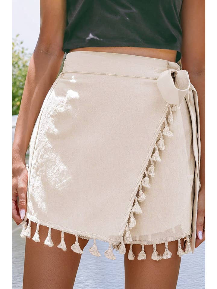 Apricot LDC Tassel Trim Wrap Knot Side Bohemian Style Mini Skort for wholesale on Faire