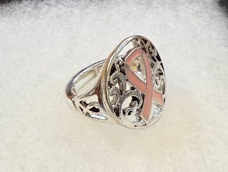 0011 PREMIERE - Wholesale Cocktail/Statement Ring - FR3796 Filigree Pink Ribbon Metal Stretch Ring0