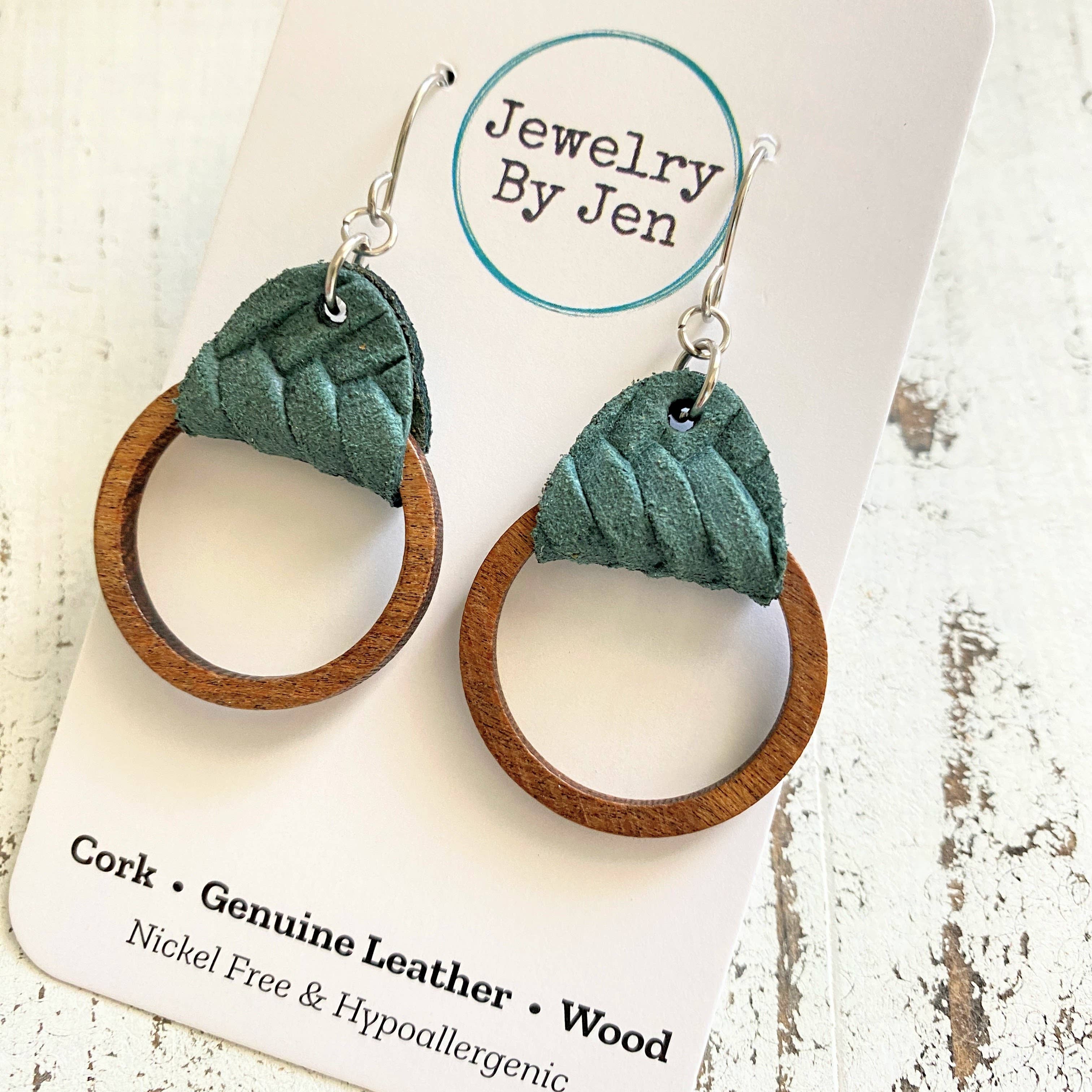 Jewelry By Jen - Wholesale Dangle Earrings - Wood Hoop Earrings: Pine Green Braided2