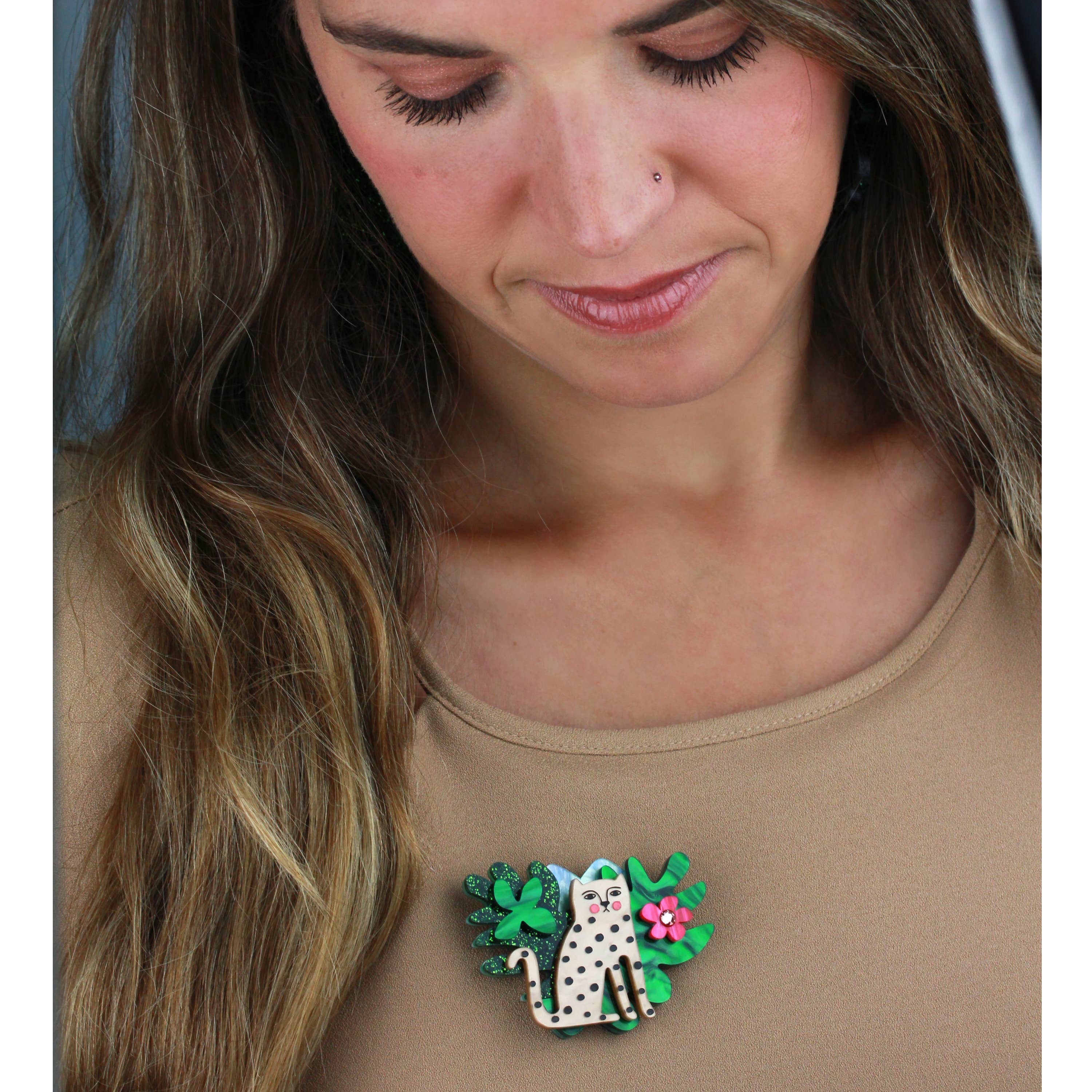 Green Caramel Black Pink Doodle Leopard Brooch for wholesale on Faire1