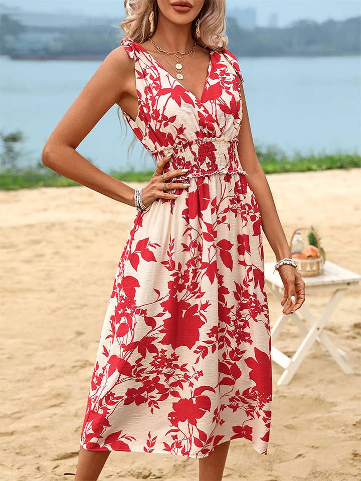 Red Floral V-Neck Midi Dress with Smocked Waist for wholesale by Anna Kaci Wholesale