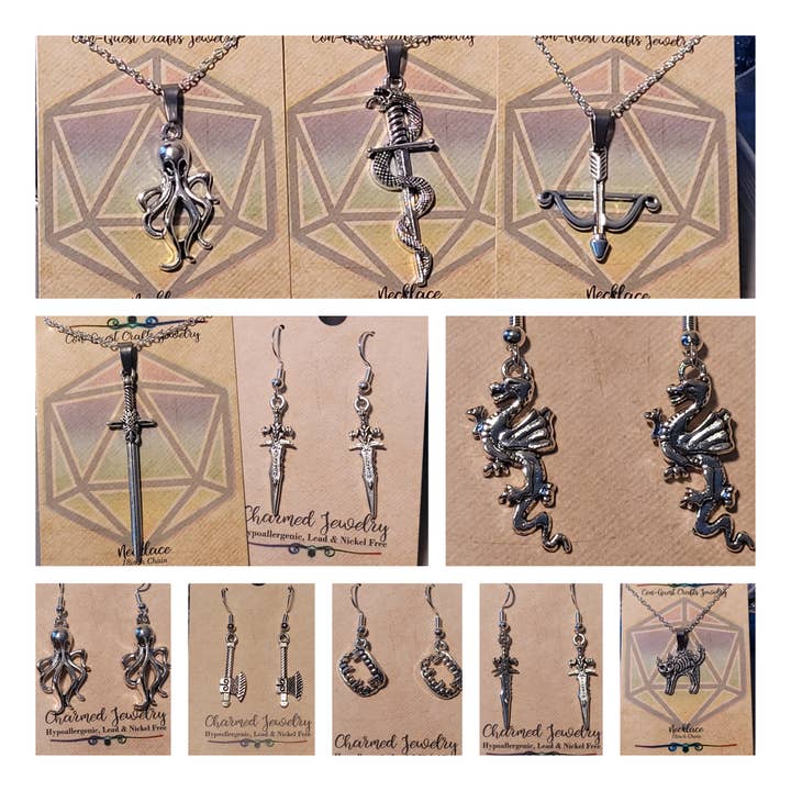 Con-Quest Crafts - Vente Boucles d'oreilles pendantes - Boucles d’oreilles et colliers à thème fantasy, gothique, RPG et gaming3