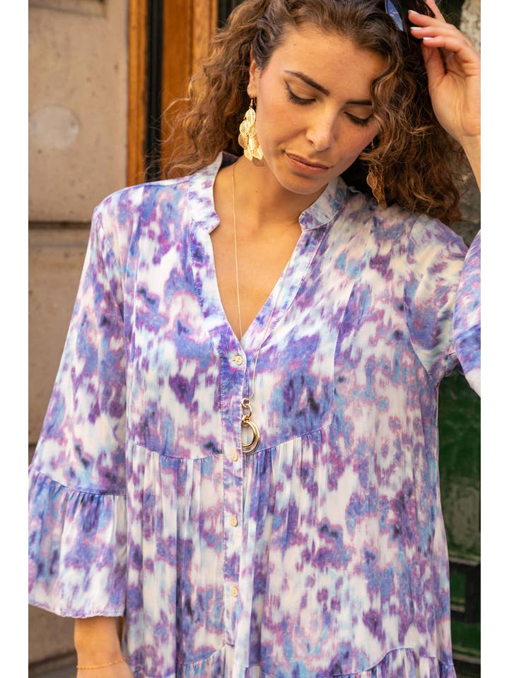 Azul Vestido midi estampado, corte holgado y acampanado, cuello en V, de venta al por mayor en Faire