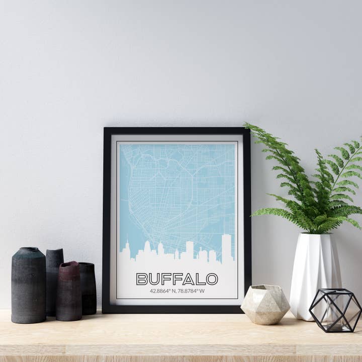 Paperfinch Design - Vente Affiche d'art - Carte de Buffalo New York et impression artistique de la ligne d'horizon avec les coordonnées de la ville