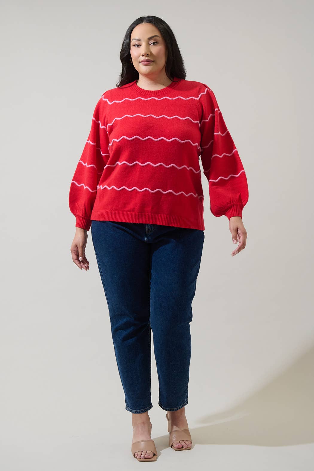 Sugarlips - Wholesale Knit Sweater - Women's - Maeverly Wavy Stripe Balloon Sleeve Sweater Curve2
