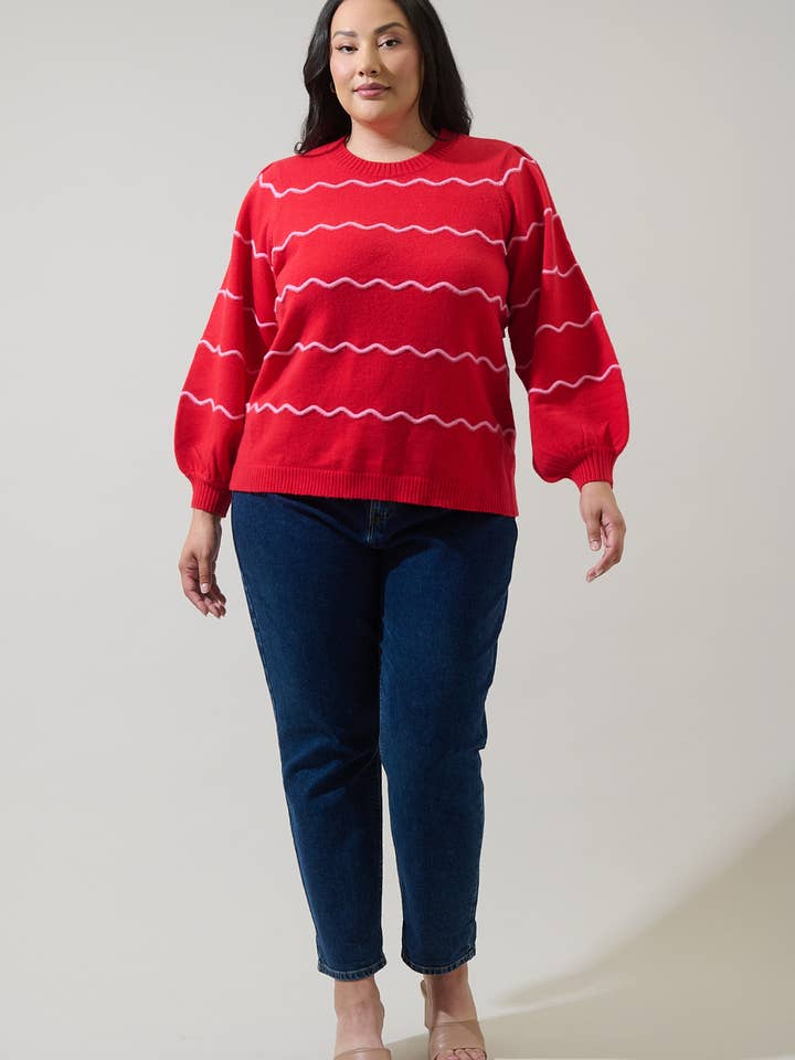 Sugarlips - Wholesale Knit Sweater - Women's - Maeverly Wavy Stripe Balloon Sleeve Sweater Curve2