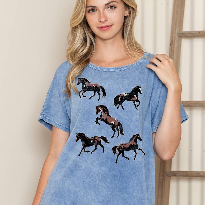 Women Horse Graphic Print Mineral Wash Dress for wholesale by Amused by Blue