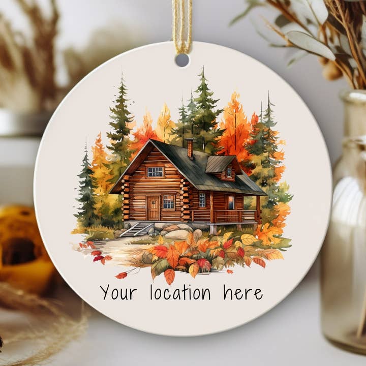 Log Cabin and Forest Christmas Ornament Name Drop for wholesale by Stad Woodlands
